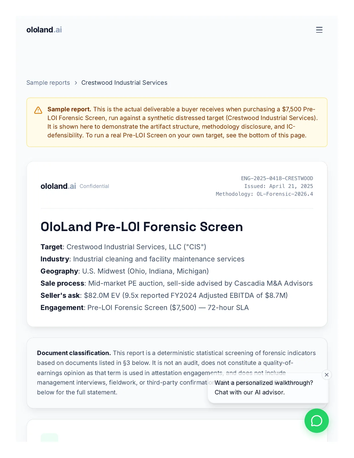Crestwood Industrial Services — Pre-LOI Forensic Screen, cover